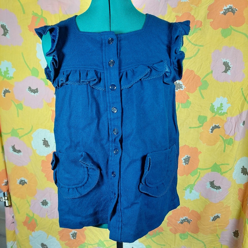 Vintage 70s Bobbie Brooks Navy Babydoll Top Ruffle Button Front Small Wool Blend